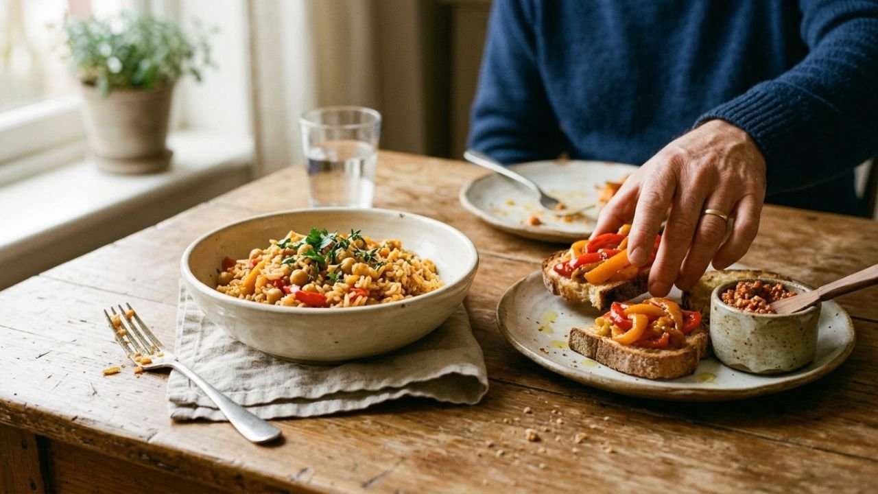 Chickpea and pepper rice served beside toast topped with cooked peppers and a bowl of roasted pepper spread.