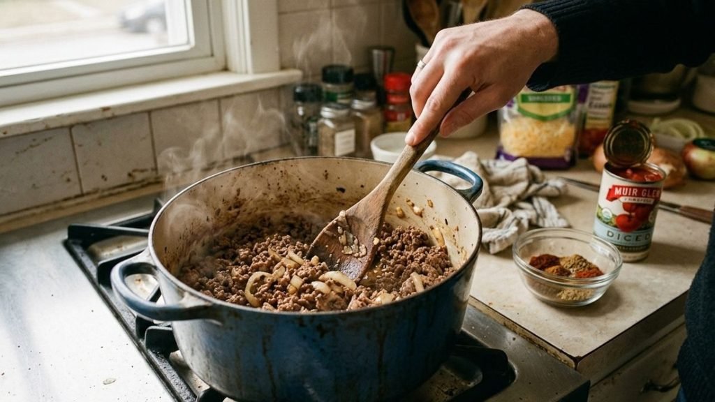 Browned ground meat, onion and garlic cooking in a Dutch oven.