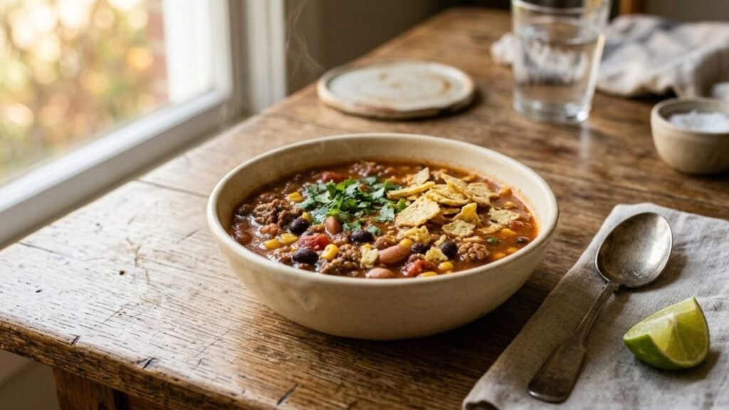 Bowl of taco soup with beans, corn, meat, cilantro and tortilla chips on a kitchen table.