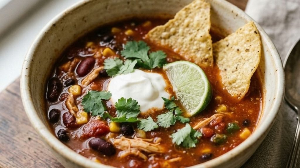 Taco soup topped with sour cream, cilantro, lime and broken tortilla chips.