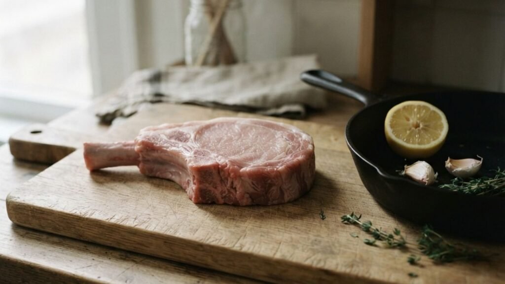 “Thick bone-in veal chop on a wooden cutting board beside a skillet, lemon and fresh thyme.”