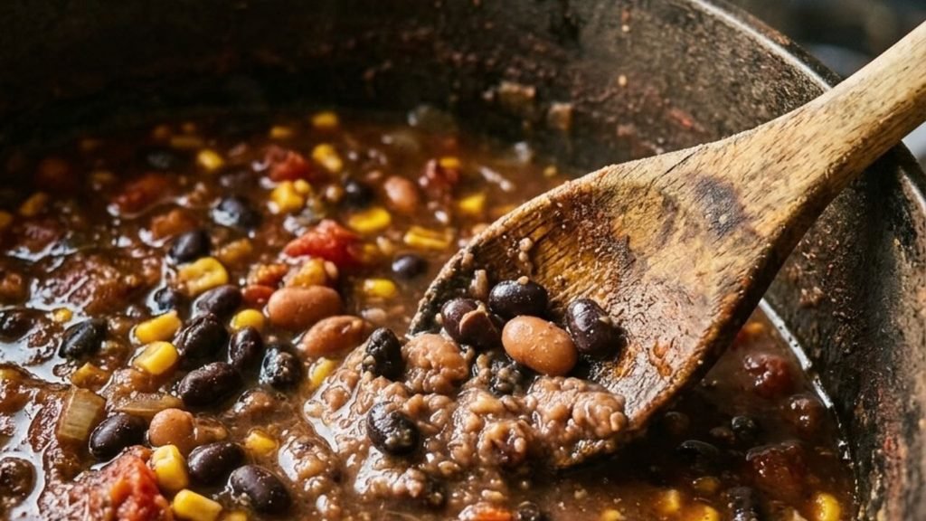 Spoon crushing some beans in a pot of taco soup while whole beans remain visible.