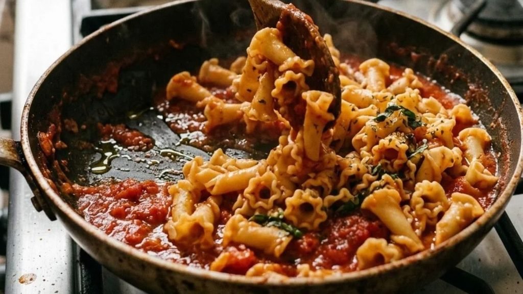 Hands tossing campanelle pasta through tomato sauce in a skillet.