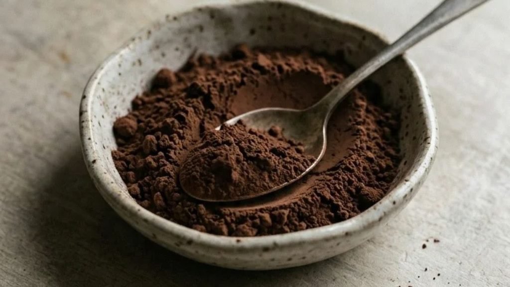 Unsweetened cocoa powder in a small ceramic dish beside a teaspoon.
