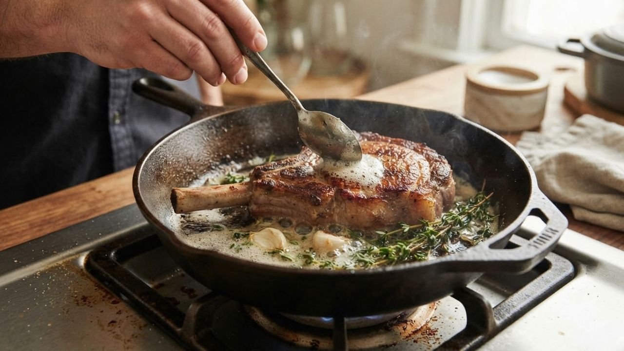 “Veal chop being basted with foaming butter, garlic and thyme in a skillet.”