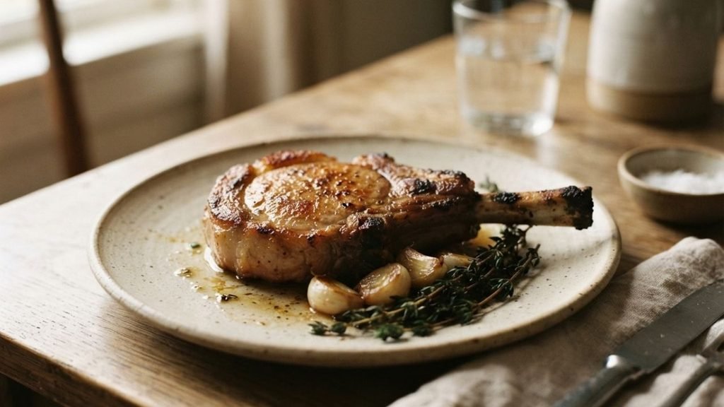 “Instant-read thermometer inserted into the thickest part of a browned veal chop.”