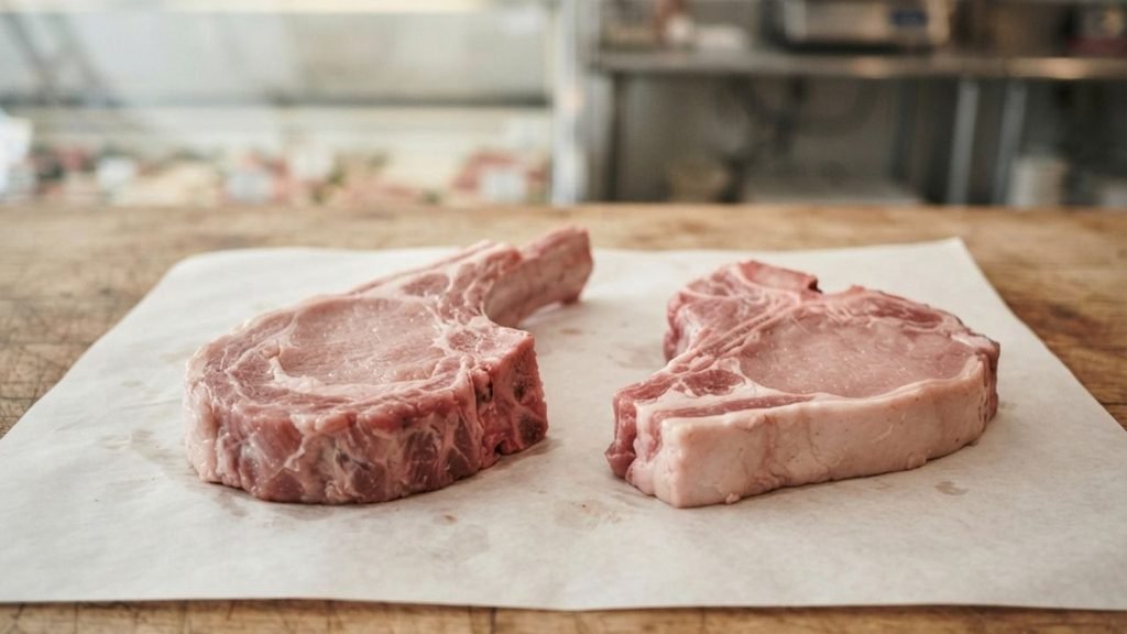 “Veal rib chop and loin chop arranged side by side on butcher paper.”