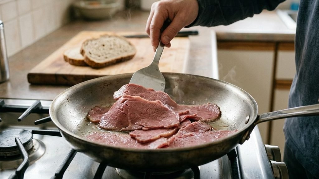 A cook gently warming sliced corned beef in a stainless-steel skillet with a spatula.