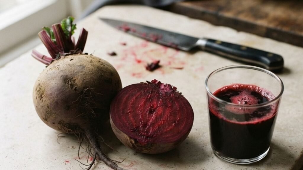 “Whole and cut beetroot beside a glass of dark beetroot juice on a natural kitchen surface.”