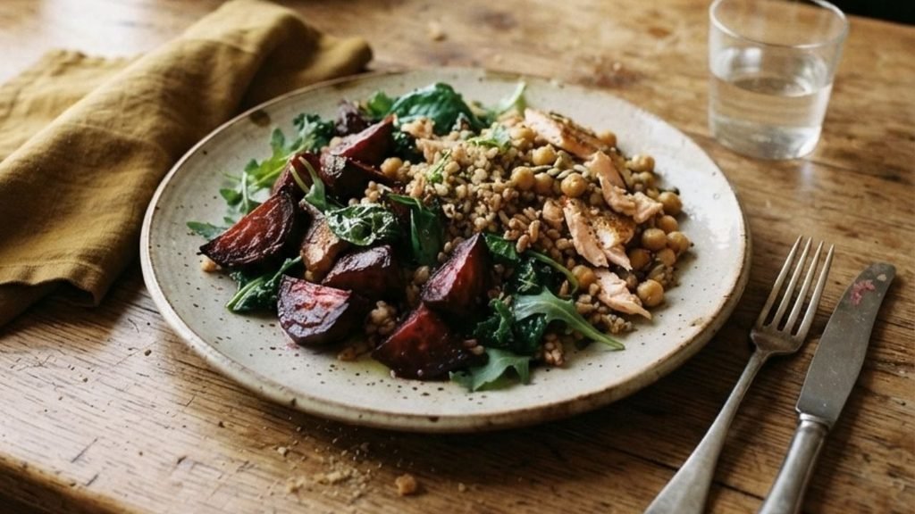 “Roasted beetroot served as part of a meal with greens and grains on a ceramic plate.”

